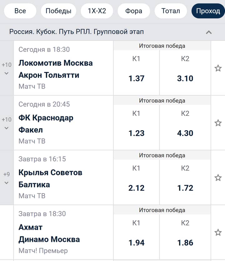 БЕТСИТИ: Кубок России, «Путь РПЛ», вкладка «Проход» — «Итоговая победа»: Локомотив Москва — Акрон 1.37 и 3.10, ФК Краснодар — Факел 1.23 и 4.30