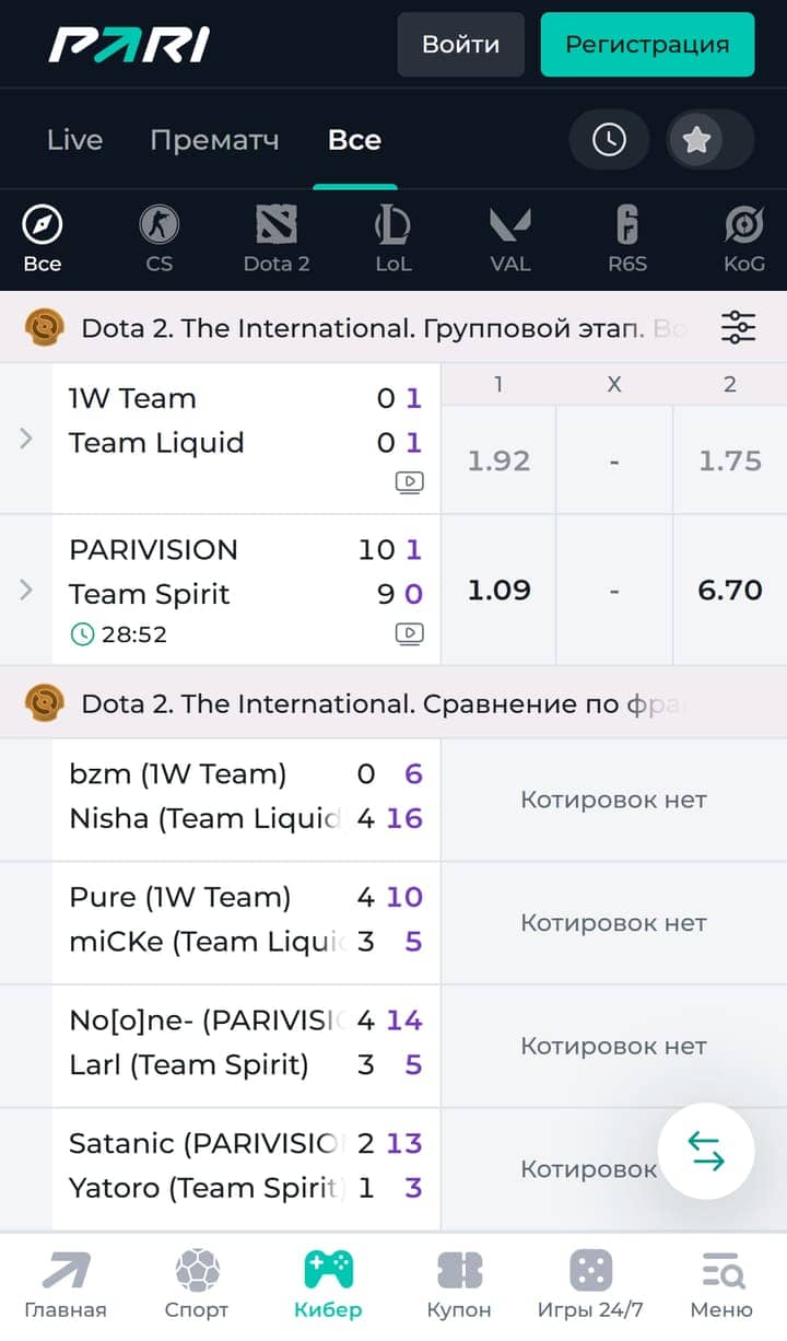 PARI Кибер: Dota 2 The International — Iron Wing, Team Liquid, PARIVISION, Team Spirit